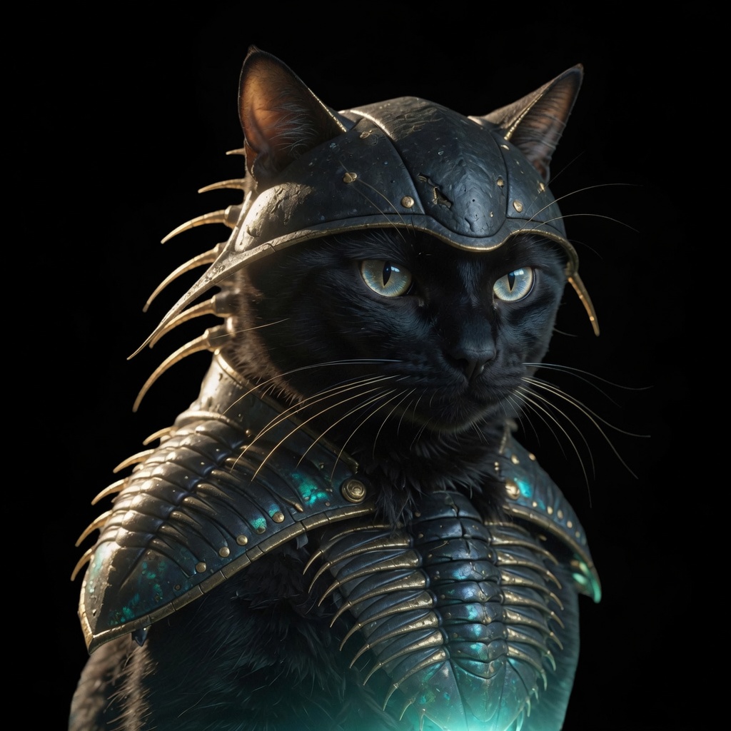KittyTrilobite, a black cat fused with a trilobite cephalon and teal-gold chitin armor